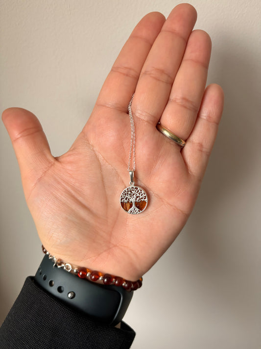 Barnsteen ‘tree of life’ hanger 925 zilver (groei, kracht, balans)